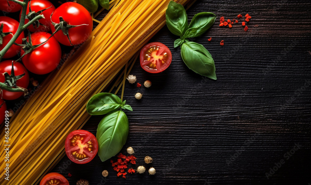 Italian spaghetti on dark black wooden background, top down view, text copy space, uncooked raw Italian pasta, tomatoes, basil, cooking ingredients on wood table counter, view from above,generative ai Italian spaghetti on dark black wooden background, top down view, text copy space, uncooked raw Italian pasta, tomatoes, basil, cooking ingredients on wood table counter, view from above,generative ai