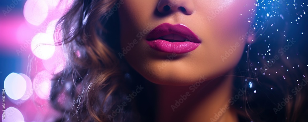 Red Lips woman beauty face. Shiny Lipstick Cosmetics. Model with Plump Lip Mouth.
