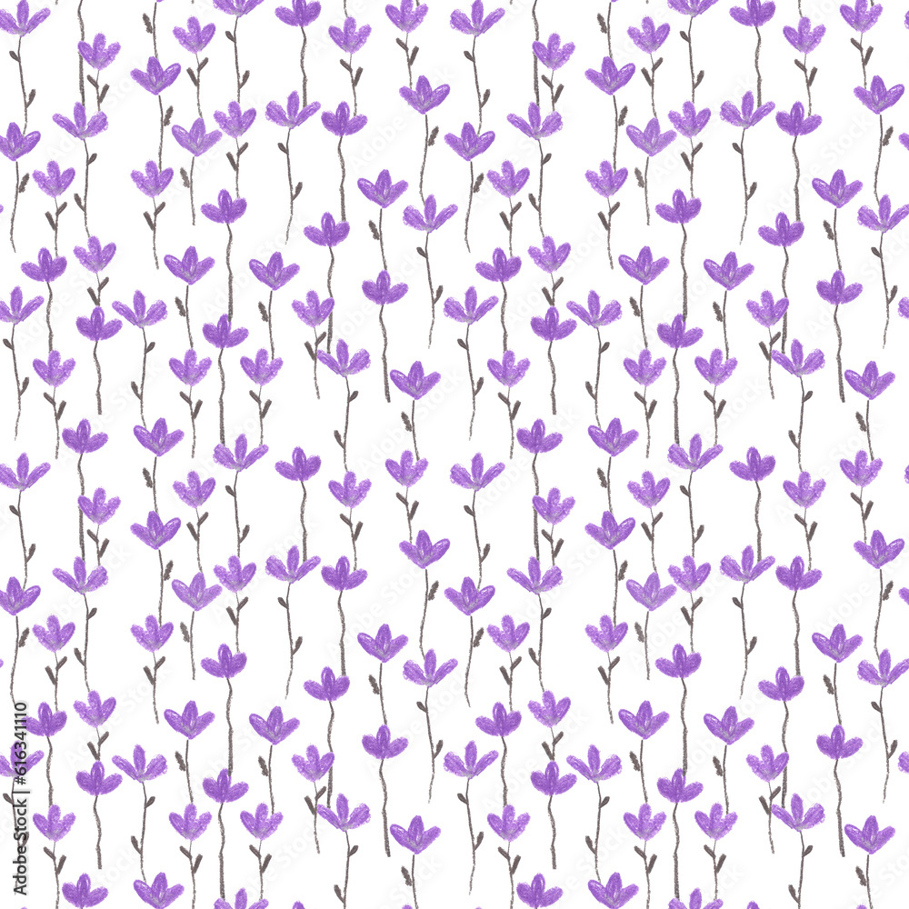 Hand drawn chalk pastel seamless pattern with little violet flowers and grey leaves as summer floral simple background. Hand drawn chalk pastel seamless pattern with little violet flowers and grey leaves as summer floral simple background.