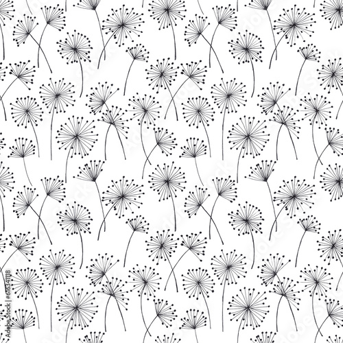Hand drawn painted botanical seamless pattern with black line art dandelion. Floral minimalistic white background with spring summer flowers.