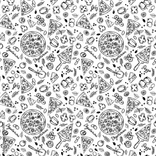 Seamless pattern of hand drawn line art black vegetarian pizza ingredients: bell pepper, tomatoes, cheese, onion, olive, basil.Pizza wheel and slices of fast food on white background