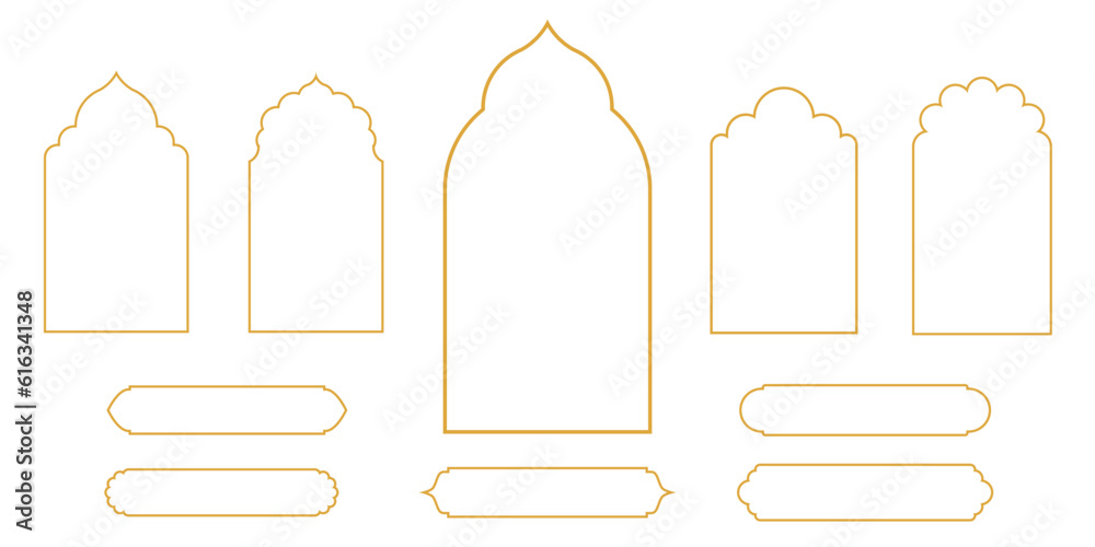Set of oriental style arabic gold borders and frames. Collection of linear style Islamic windows, doors in boho style. Arabic minimal shape arch. Golden Design element for design. Ramadan kareem - obrazy, fototapety, plakaty 