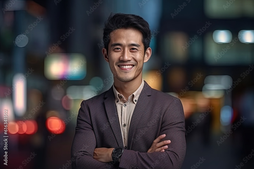 Fototapeta premium Portrait of a happy asian businessman smiling at the camera.Generative Ai