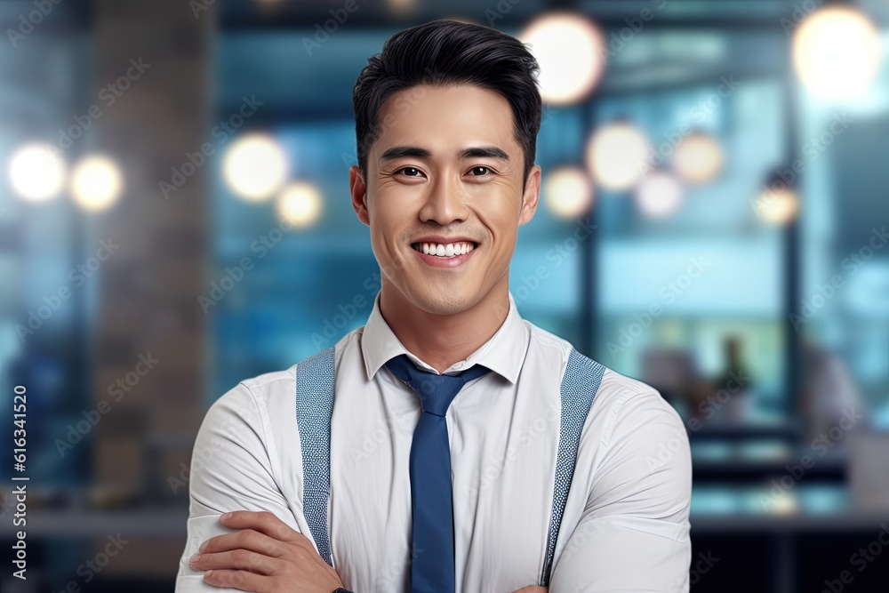 Fototapeta premium Portrait of a happy asian businessman smiling at the camera.Generative Ai