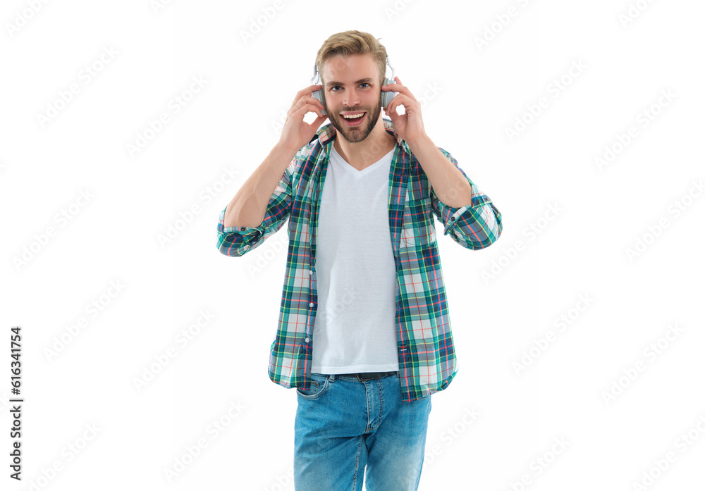 photo of happy man in music headphones. man in music headphones isolated on white. photo of happy man in music headphones. man in music headphones isolated on white.