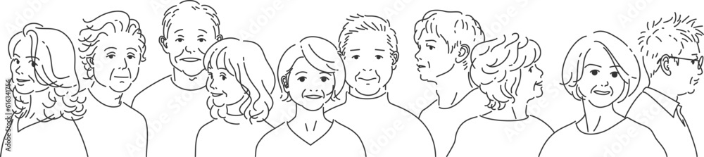 背景が透過した線画で高齢の男女のグループ 背景が透過した線画で高齢の男女のグループ