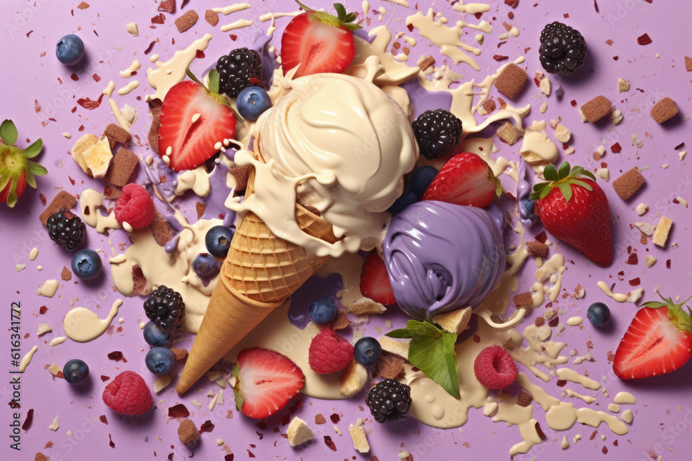 Delicious Summer Indulgence Tempting Flatlay of Fruit-infused Dessert with Mouthwatering Ice Cream Delights