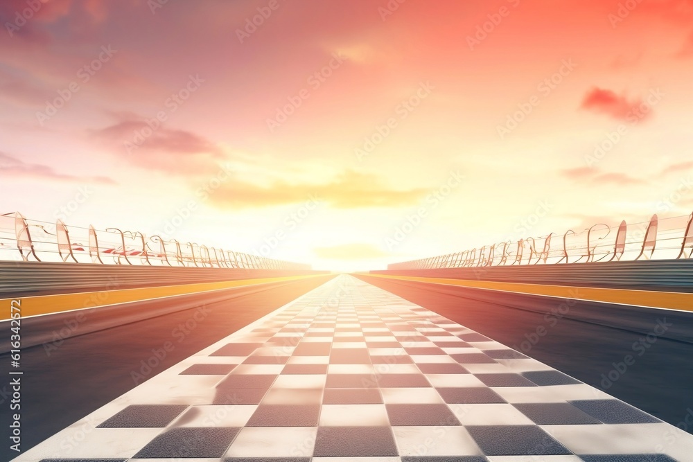 Race Track Finish Line View with Checkered Flag. AI