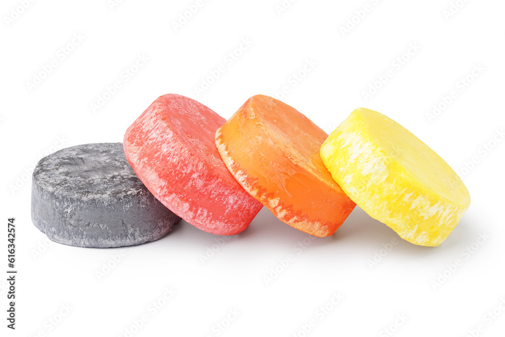 Colorful solid shampoo bars on white background Colorful solid shampoo bars on white background