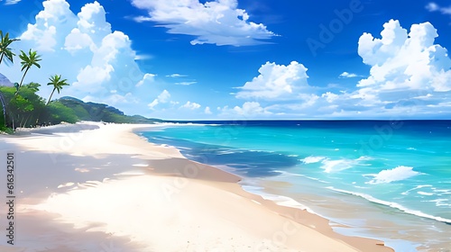 青い海と白い砂浜のトロピカルビーチのイラスト AI生成画像