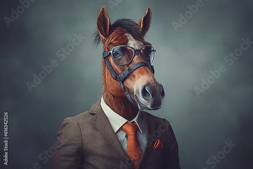 Stylish Horse Portrait: Glasses and Fashionable Attire. AI