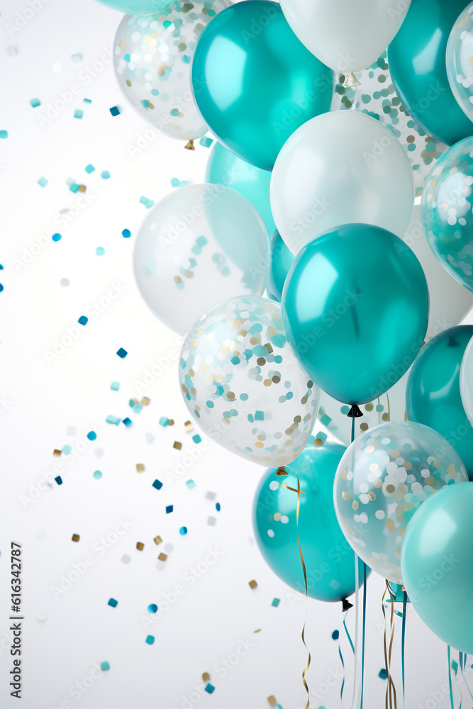 fliegende cyan türkise und weiße Party Ballons mit Konfetti. Generative Ai. fliegende cyan türkise und weiße Party Ballons mit Konfetti. Generative Ai.