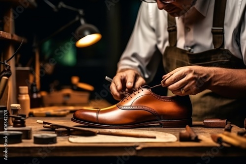 Skilled Shoemaker Repairing Elegant Men's Shoes by Hand, AI