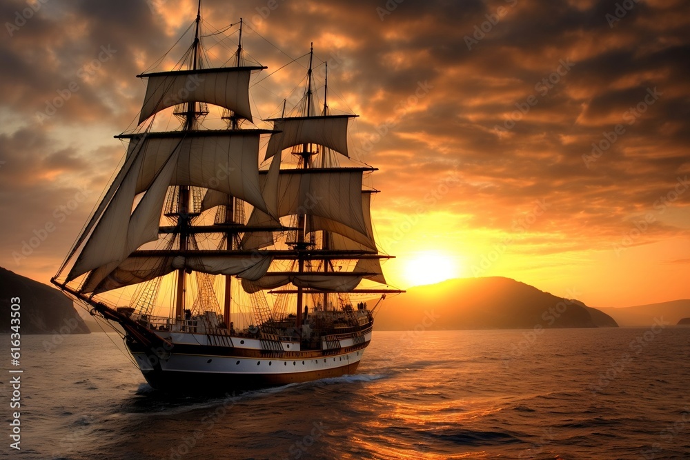 Majestic Sailing Ship Captivating Sunset Seascape. AI