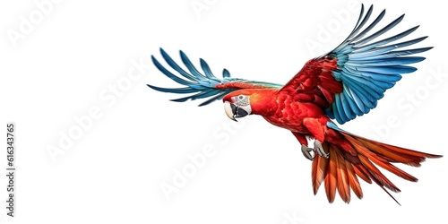 Photo of a red macaw flying on a white background
