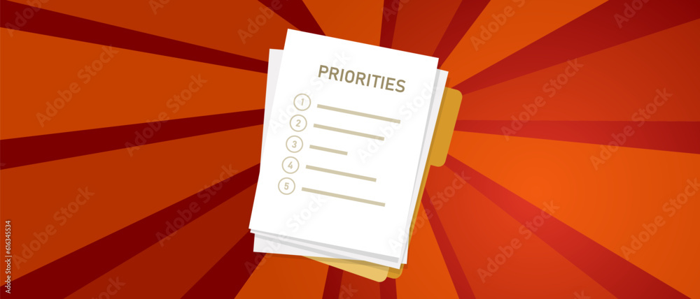 Priority list of priorities important task first prioritize to do action agenda - obrazy, fototapety, plakaty 