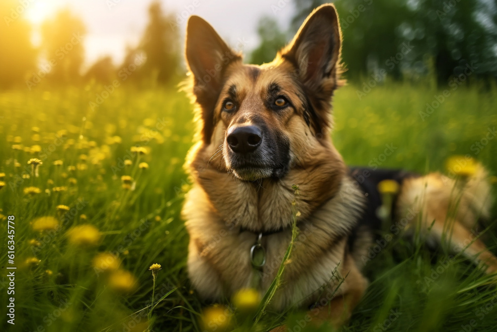 Close-up of a german shepherd in a meadow among yellow flowers. AI generated