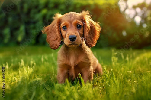 English Cocker Spaniel puppy sitting on green grass. AI generated