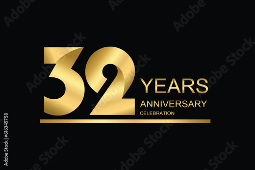 32 year anniversary vector banner template. gold icon isolated on black background.