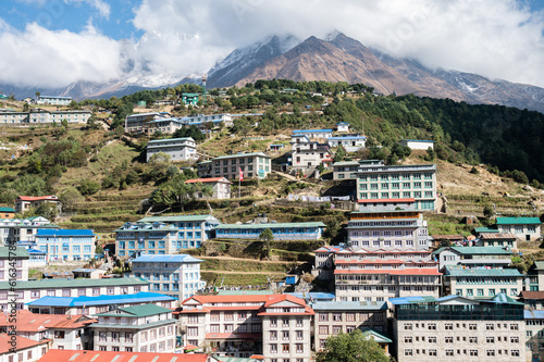 View of the accommodation and Sherpa house in Namche Bazaar village. photo