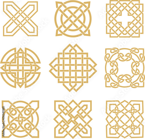 Vector set of golden celtic knots. Ornament of ancient European peoples. The sign and symbol of the Irish, Scots, Britons, Franks.