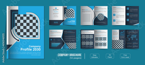 12 pages company profile template design, creative and minimalist bifold business company brochure magazine template design with a modern concept