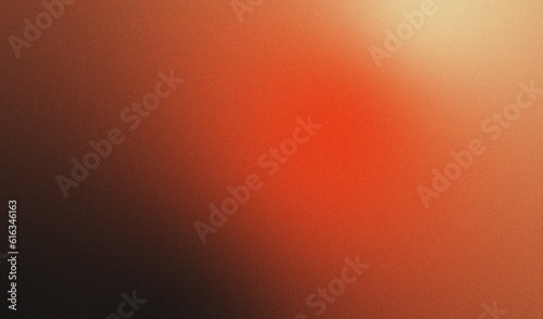 Orange white black illuminated spots on black, grainy color gradient background, noise texture effect, copy space 