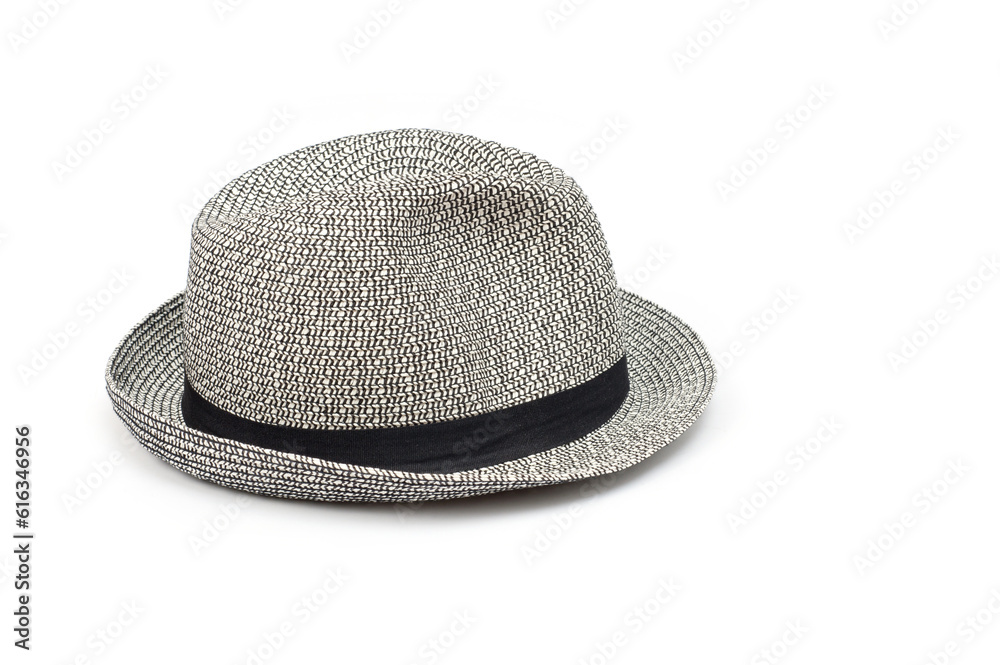 Light gray brim hat with black band, unisex, white background. Light gray brim hat with black band, unisex, white background.