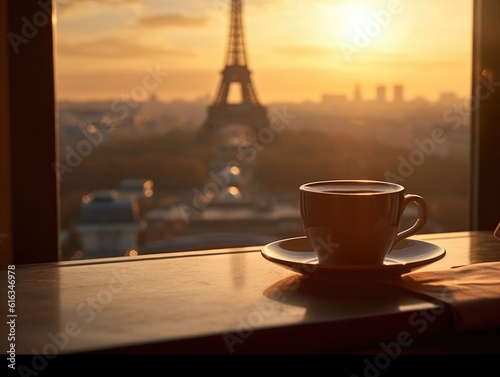 A black cup of coffee by the window in front of the Eiffel Tower in Paris during sunset, in the style of dreamy. Generative AI