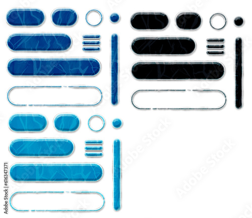 Frozen-Ice Game buttons & icons.Several blue colored version.for snow, Frozen, ice based video games.Includes arrow keys, square blocks, round edge shapes, several icons loading, menu icon & column