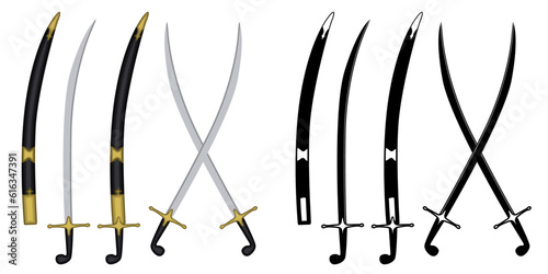 shamshir swords vector. Traditional persian, indian, arabic blade weapon illustration