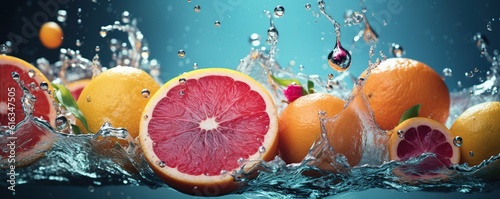 Fresh citrus fruits  water splash on blue background.