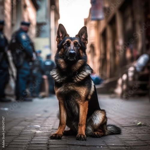service police dog in the service on the city street.Generative AI