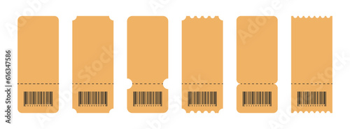Set of Blank tickets or coupons with barcode, vector templates with copy space isolated on white background. event, airplane, train, circus, sport, football invitation illustration