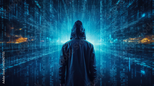Man in hoodies jackets stand with binary code digital interface   Data thief   Created with Generative Ai Technology