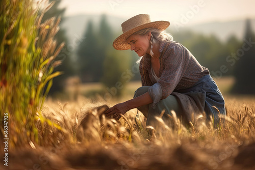 illustration of a Mature woman farmer working on a wheat field in the countryside. Ai generative
