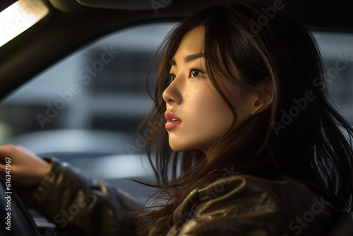 車を運転する若い女性の横顔：AI生成画像 © Kinapi