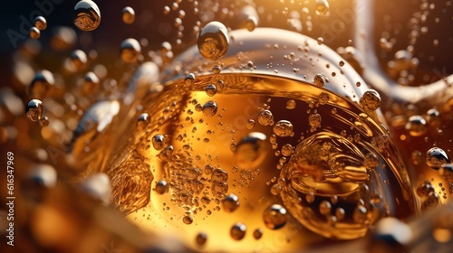 golden background with liquid and drops.Oil bubbles and drops splash. Generative AI photo