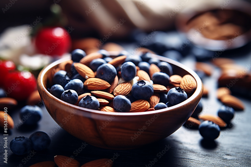 Healthy Breakfast Bowl with Almonds, Bilberry, Fresh Fruit, and Organic Vegetarian Nutrition Created with generative AI tools Healthy Breakfast Bowl with Almonds, Bilberry, Fresh Fruit, and Organic Vegetarian Nutrition Created with generative AI tools