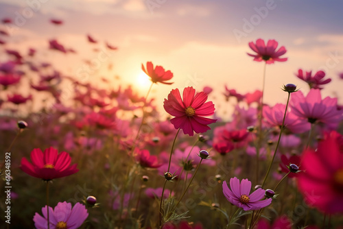 Spectacular Sunset Landscape of Beautiful Pink and Red Flower Field Created with Generative AI Tools © ThePixelCraft