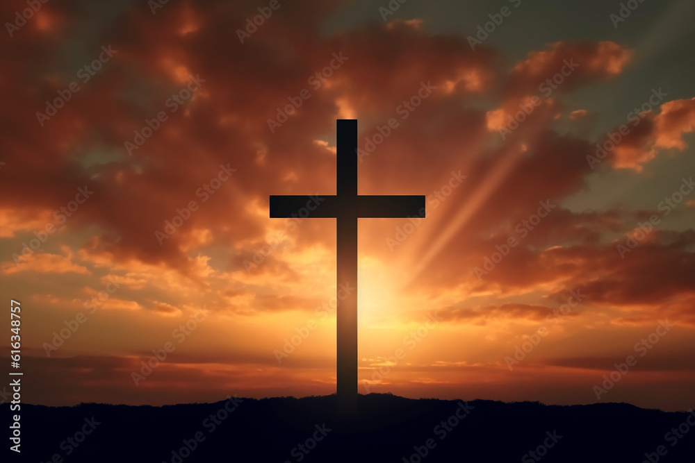 Cross with Sunset in the Sky Background Created with Generative AI Tools