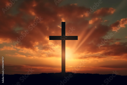 Cross with Sunset in the Sky Background Created with Generative AI Tools