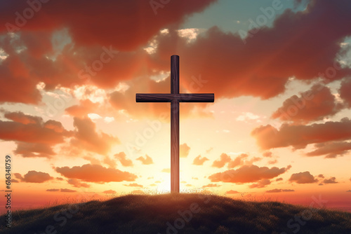 Cross with Sunset in the Sky Background Created with Generative AI Tools © ThePixelCraft