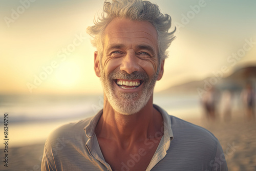 Illustration Portrait of happy senior man smiling at camera on beach at sunrise. Ai generative © mariof