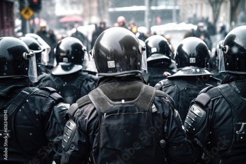 police in full gear on the street. police in hardhats, hard hats and body armor fighting against protests or riots.Generative AI