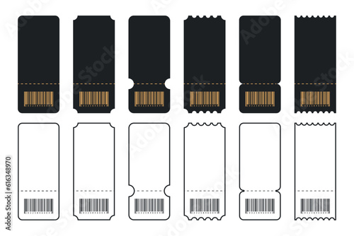 Set of Blank tickets or coupons with barcode, vector templates with copy space isolated on white background. event, airplane, train, circus, sport, football invitation illustration
