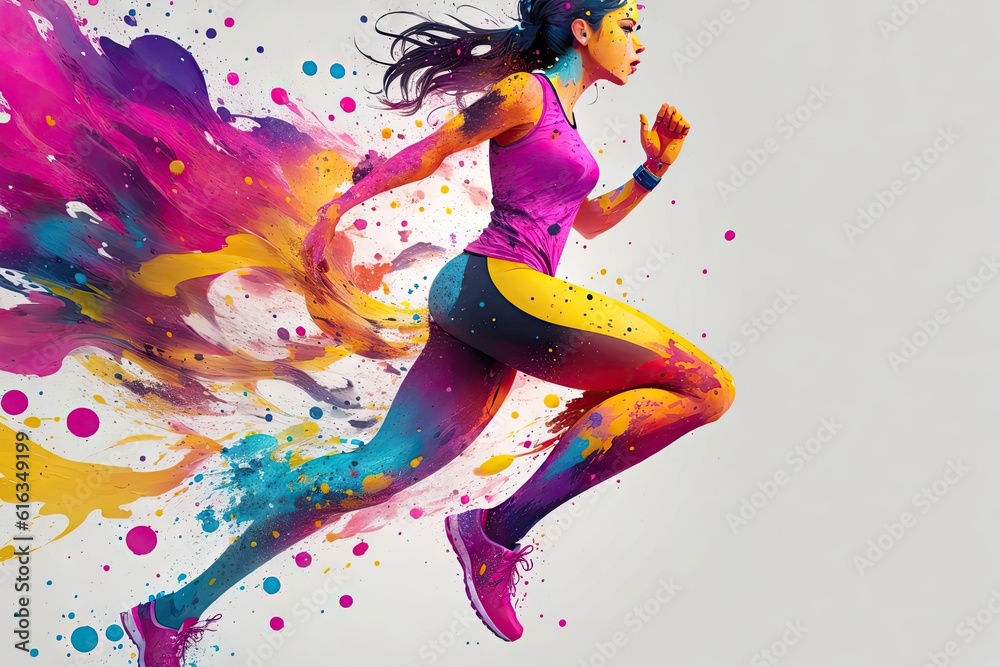 Young woman runner running abstract colorfull splash ink design background, ai generative