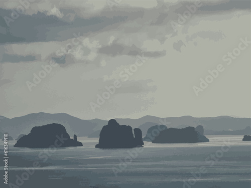 Vector illustration of sea island and sky. Grey tone.