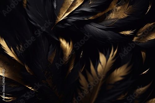 Fototapeta Naklejka Na Ścianę i Meble -  set of luxury gilded gold golden black swan feather cloth background, ai generative