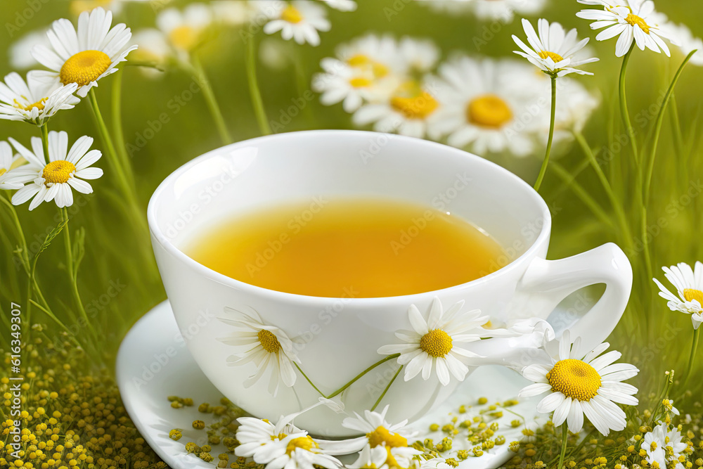 cup with chamomile tea on a background of chamomile flowers and around, ai generative cup with chamomile tea on a background of chamomile flowers and around, ai generative